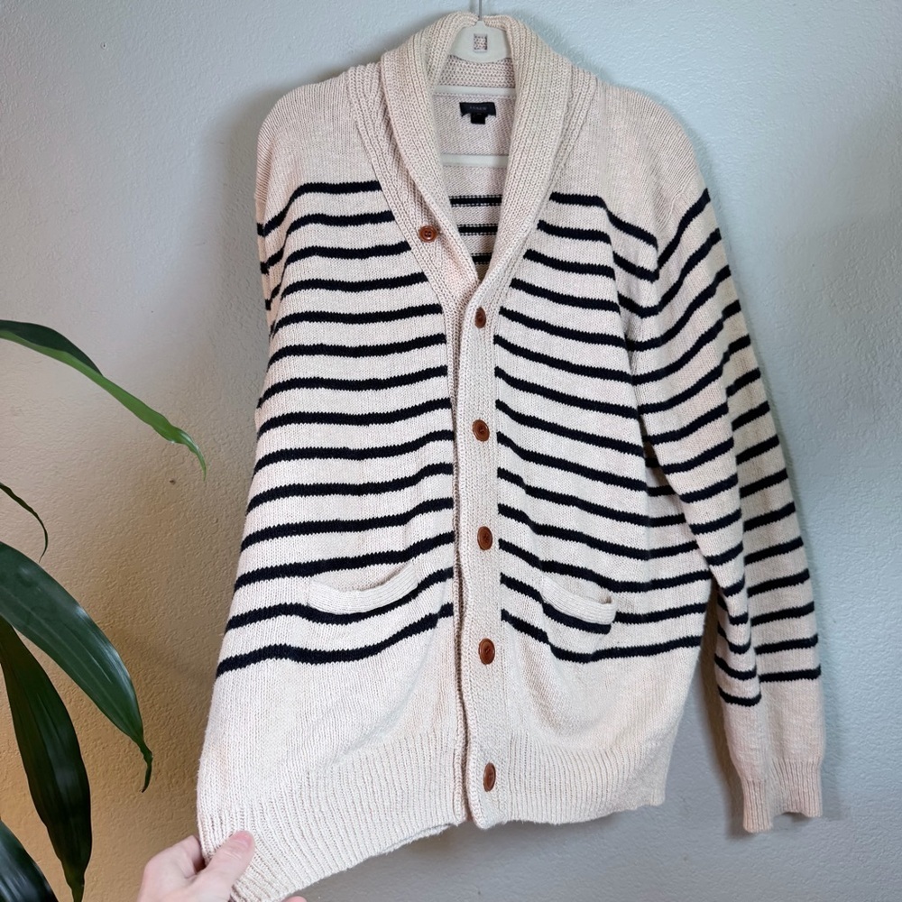 J Crew Cowl Neck Striped Button Down Tan Navy Preppy Cardigan Knit Sweater XL - Picture 3 of 10
